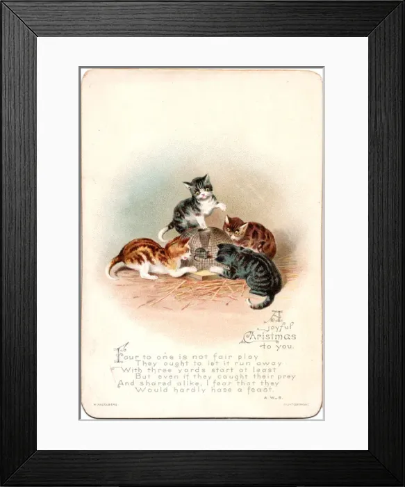 Framed Print : Four cats and a mouse on a Christmas card Framed Print : Four cats and a mouse on a Christmas card