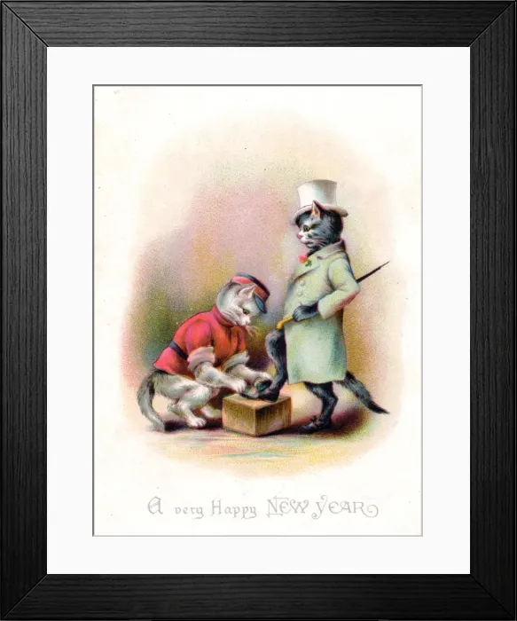 Framed Print : Two cats on a New Year card Framed Print : Two cats on a New Year card