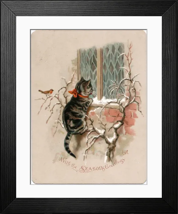 Framed Print : Kitten and robin on a Christmas card Framed Print : Kitten and robin on a Christmas card