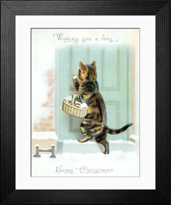 Framed Print : Cat with basket on a Christmas card Framed Print : Cat with basket on a Christmas card