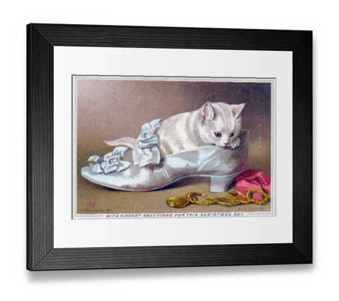 Framed Print : Kitten in a shoe on a Christmas card Framed Print : Kitten in a shoe on a Christmas card