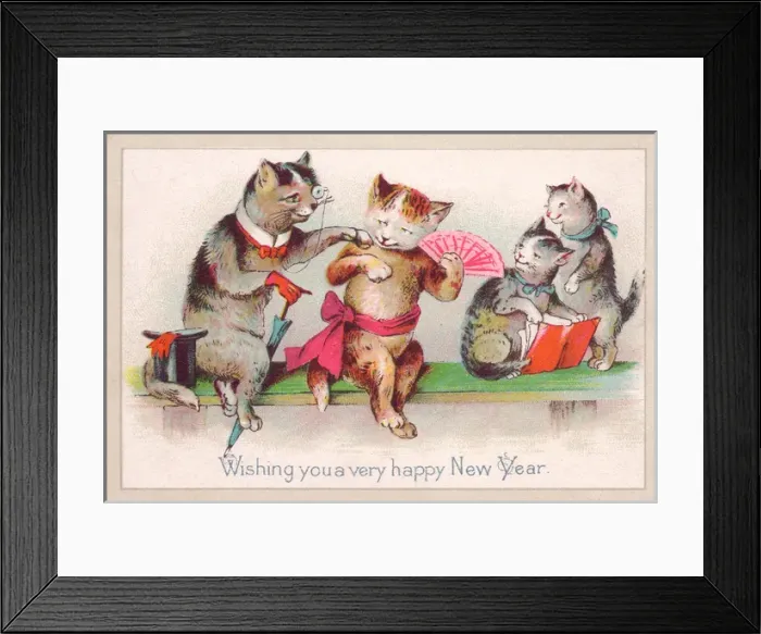 Framed Print : Four cats on a New Year card Framed Print : Four cats on a New Year card