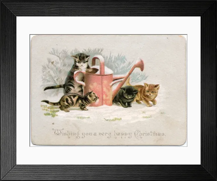 Framed Print : Four kittens with watering can on a Christmas card Framed Print : Four kittens with watering can on a Christmas card