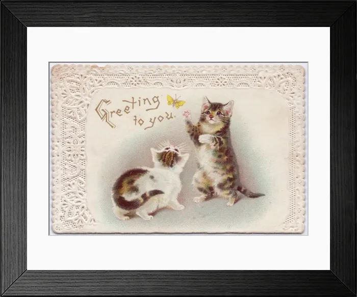 Framed Print : Two kittens with butterfly on a greetings card Framed Print : Two kittens with butterfly on a greetings card