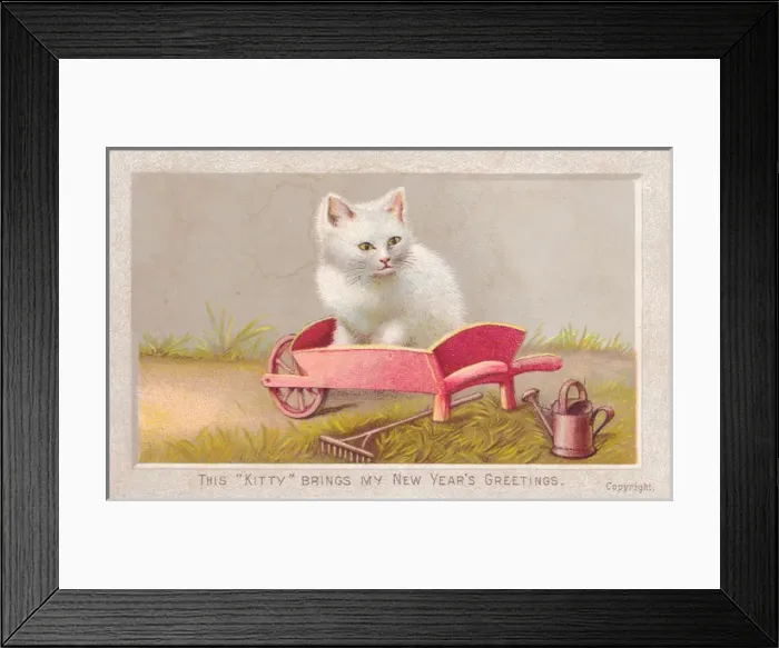 Framed Print : Cat in wheelbarrow on a New Year card Framed Print : Cat in wheelbarrow on a New Year card