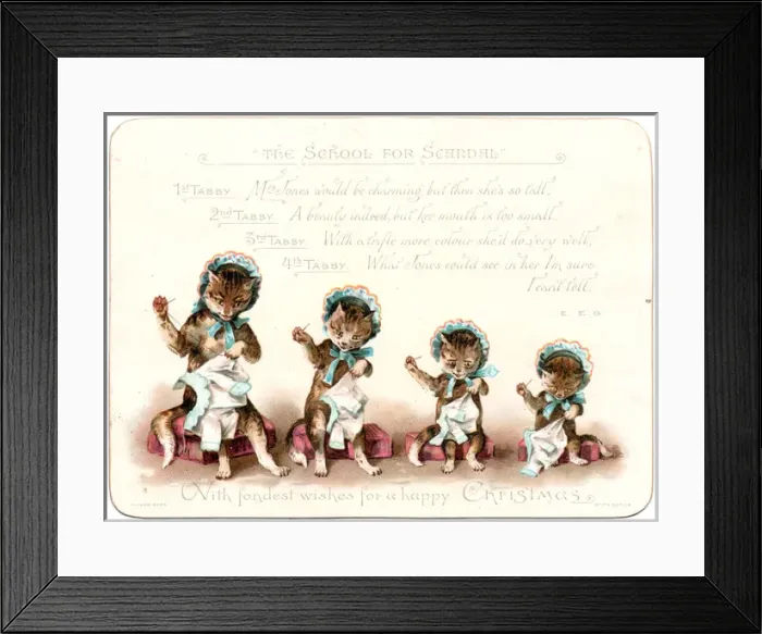 Framed Print : Four sewing cats on a Christmas card Framed Print : Four sewing cats on a Christmas card