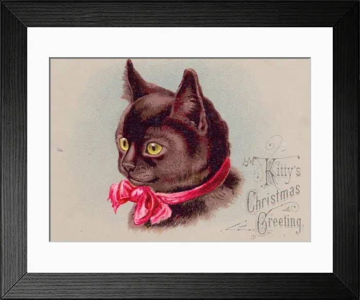 Framed Print : Cat in red ribbon on a Christmas card Framed Print : Cat in red ribbon on a Christmas card