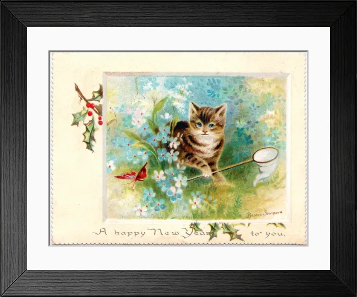 Framed Print : Kitten and butterfly on a New Year card Framed Print : Kitten and butterfly on a New Year card