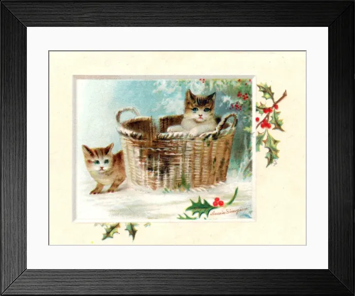 Framed Print : Two kittens with basket on a Christmas card Framed Print : Two kittens with basket on a Christmas card