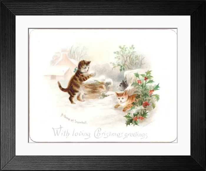 Framed Print : Three kittens snowballing on a Christmas card Framed Print : Three kittens snowballing on a Christmas card