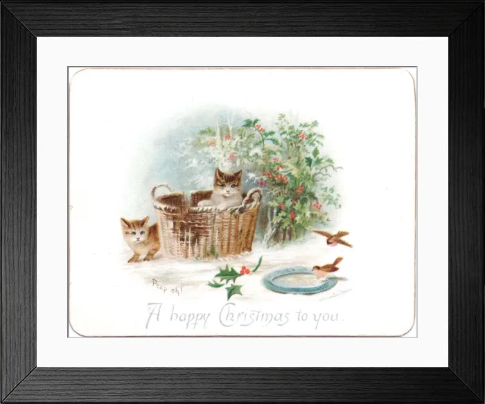 Framed Print : Two kittens with basket on a Christmas card