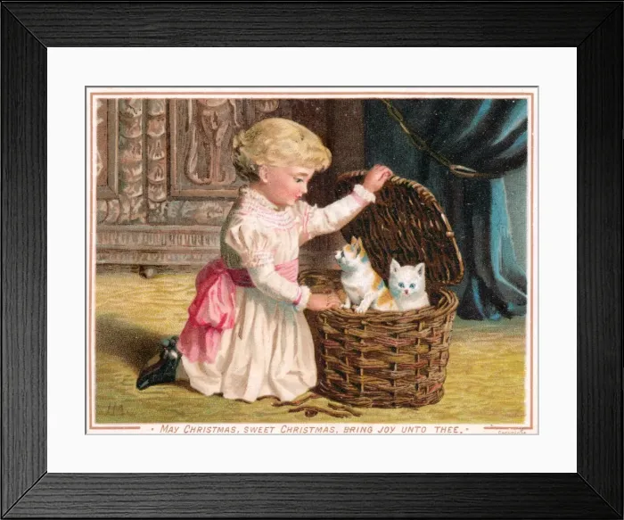Framed Print : Little girl with two kittens on a Christmas card Framed Print : Little girl with two kittens on a Christmas card