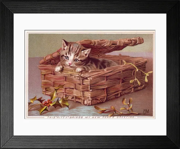 Framed Print : Kitten in a basket on a New Year card Framed Print : Kitten in a basket on a New Year card
