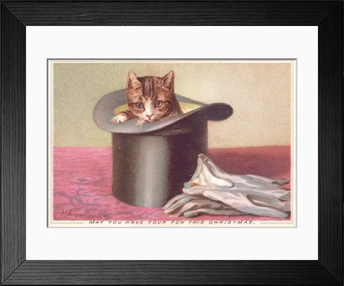 Framed Print : Kitten in a top hat on a Christmas card Framed Print : Kitten in a top hat on a Christmas card