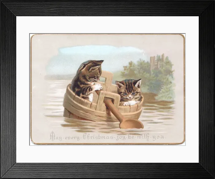 Framed Print : Two kittens in improvised boat on a Christmas card Framed Print : Two kittens in improvised boat on a Christmas card