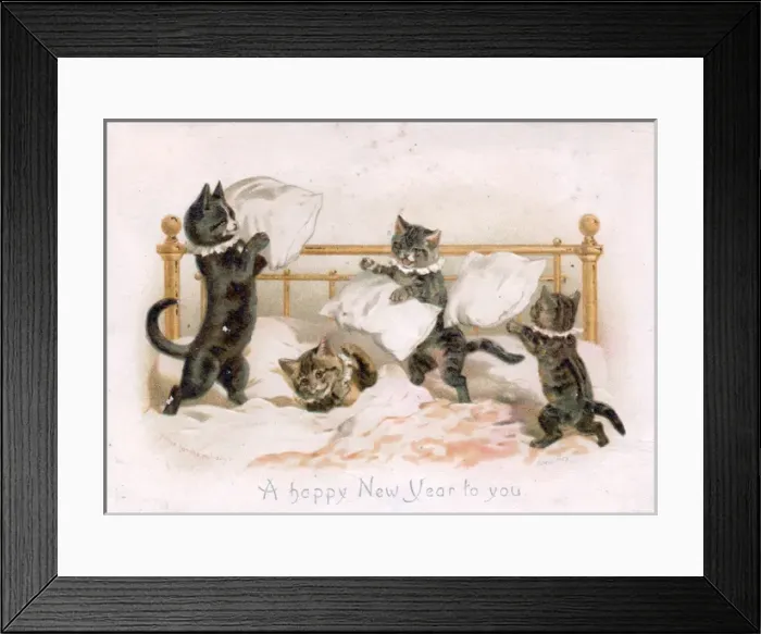 Framed Print : Four kittens pillow fighting on a New Year card Framed Print : Four kittens pillow fighting on a New Year card