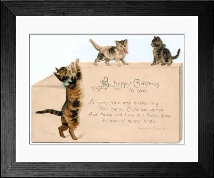Framed Print : Three cats on a cutout Christmas card Framed Print : Three cats on a cutout Christmas card