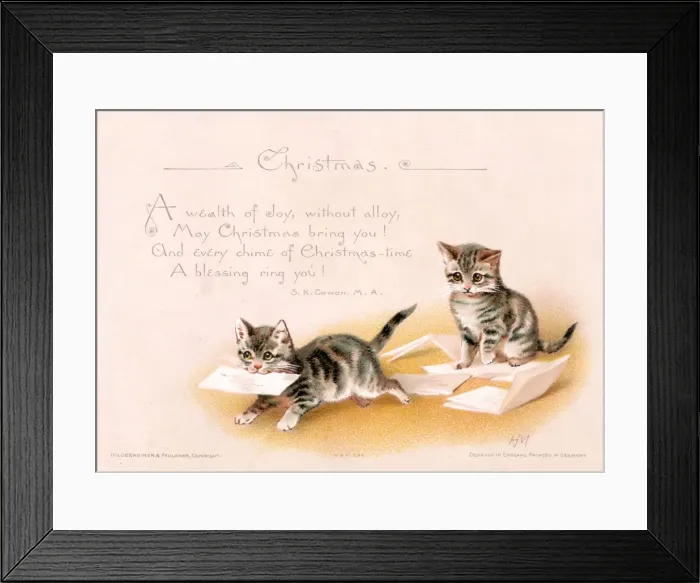 Framed Print : Two kittens with letters on a Christmas card