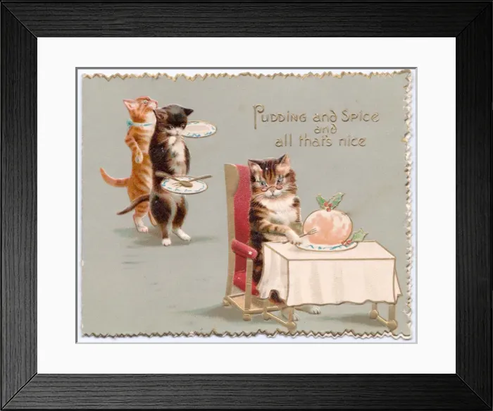 Framed Print : Three cats with pudding on a Christmas card Framed Print : Three cats with pudding on a Christmas card
