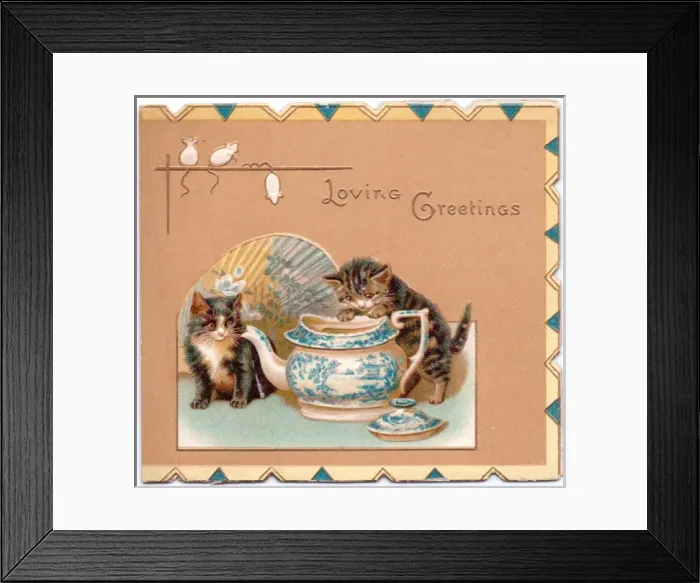 Framed Print : Two kittens with teapot on a greetings card Framed Print : Two kittens with teapot on a greetings card