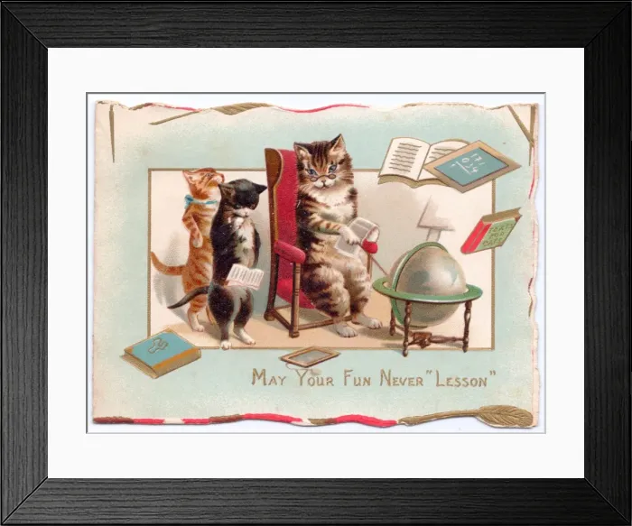 Framed Print : Three cats with globe on a greetings card Framed Print : Three cats with globe on a greetings card