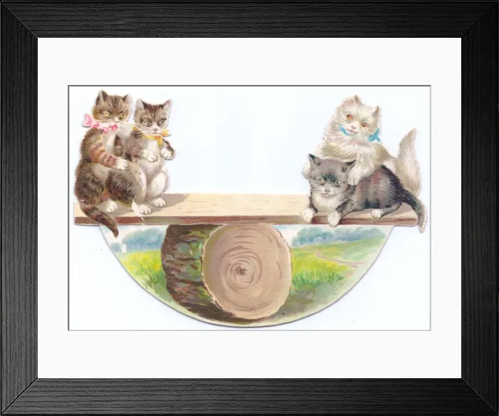 Framed Print : Four cats seesawing on a greetings card Framed Print : Four cats seesawing on a greetings card