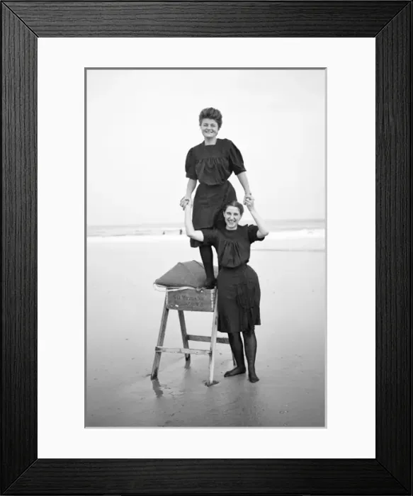 Framed Print : Two women in period bathing costumes on the beach - Atlantic Framed Print : Two women in period bathing costumes on the beach - Atlantic