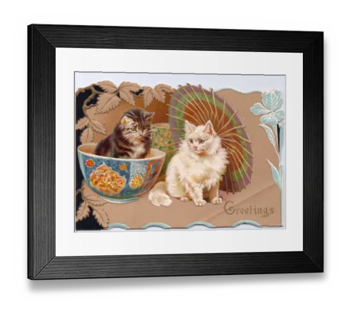 Framed Print : Two kittens with parasol on a greetings card Framed Print : Two kittens with parasol on a greetings card