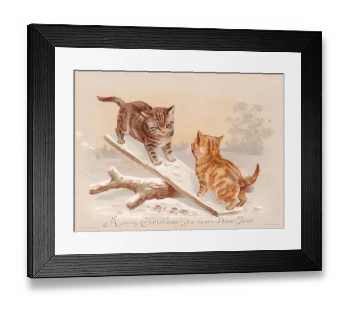 Framed Print : Two kittens seesawing on a Christmas card Framed Print : Two kittens seesawing on a Christmas card