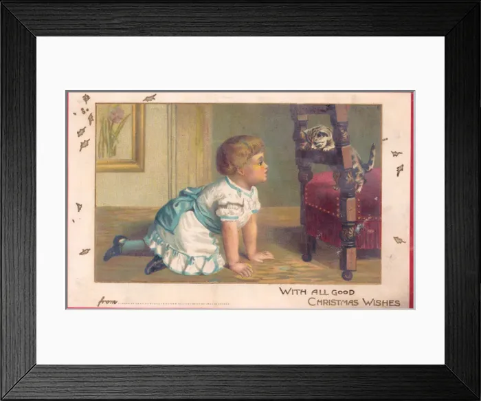 Framed Print : Little girl with a kitten on a Christmas card Framed Print : Little girl with a kitten on a Christmas card