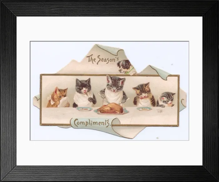 Framed Print : Five cats and a dog on a cutout Christmas card Framed Print : Five cats and a dog on a cutout Christmas card