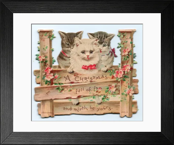 Framed Print : Three kittens on a cutout Christmas card Framed Print : Three kittens on a cutout Christmas card