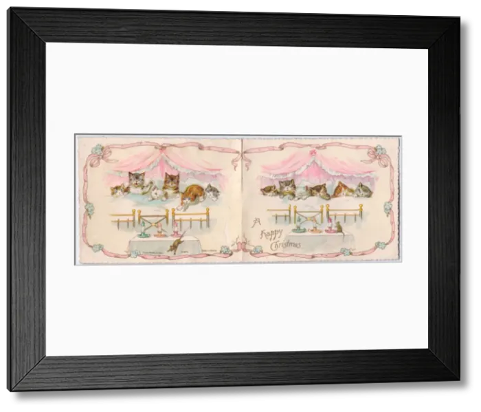 Framed Print : Six kittens in bed on a Christmas card Framed Print : Six kittens in bed on a Christmas card