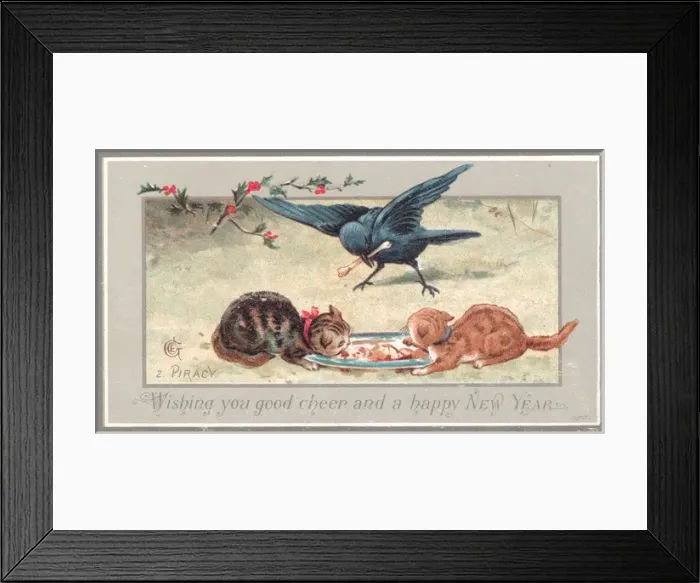 Framed Print : Two cats and a bird on a New Year card Framed Print : Two cats and a bird on a New Year card