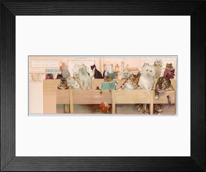 Framed Print : Cats in a schoolroom on a greetings card Framed Print : Cats in a schoolroom on a greetings card