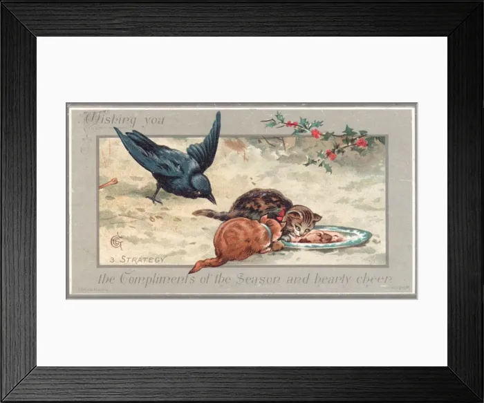 Framed Print : Two cats and a bird on a New Year card Framed Print : Two cats and a bird on a New Year card