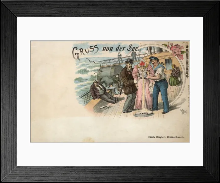 Framed Print : Seasickness - Satirical Greetings Postcard Framed Print : Seasickness - Satirical Greetings Postcard