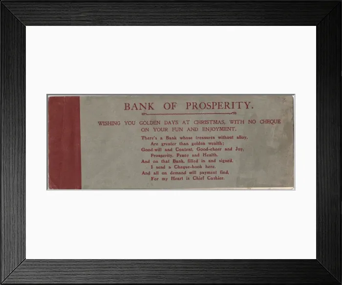 Framed Print : Christmas cheque book from the Bank of Prosperity Framed Print : Christmas cheque book from the Bank of Prosperity