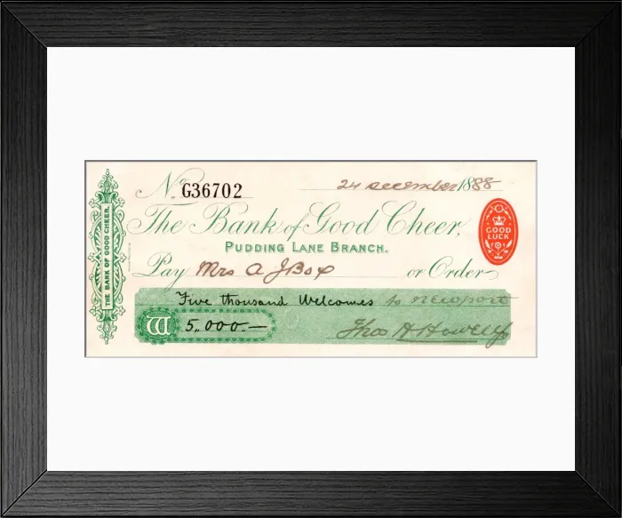 Framed Print : Christmas cheque from the Bank of Good Cheer Framed Print : Christmas cheque from the Bank of Good Cheer