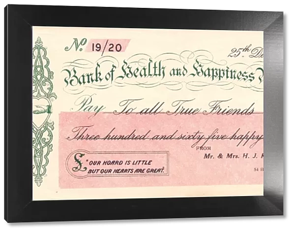Cheque from the Bank of Health and Happiness Unlimited