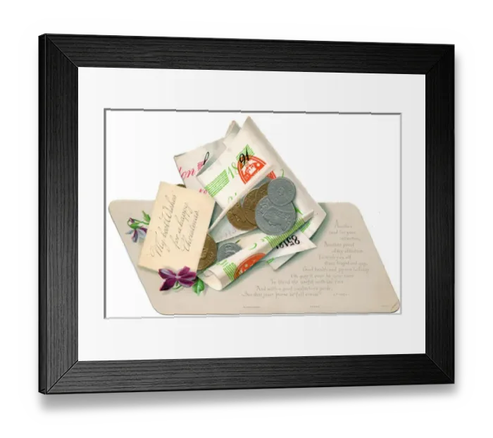Framed Print : Gift of money on a cutout Christmas card Framed Print : Gift of money on a cutout Christmas card