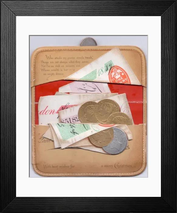 Framed Print : Purse full of money on a cutout Christmas card Framed Print : Purse full of money on a cutout Christmas card
