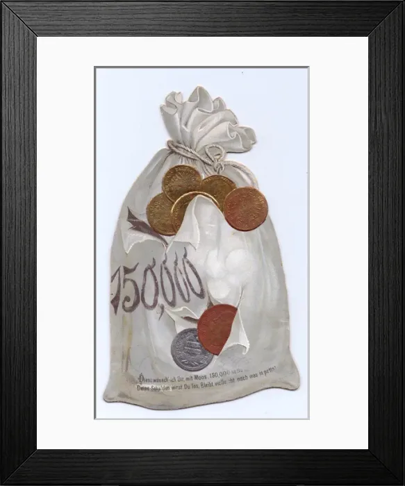 Framed Print : Bag full of money on a German cutout Christmas card Framed Print : Bag full of money on a German cutout Christmas card