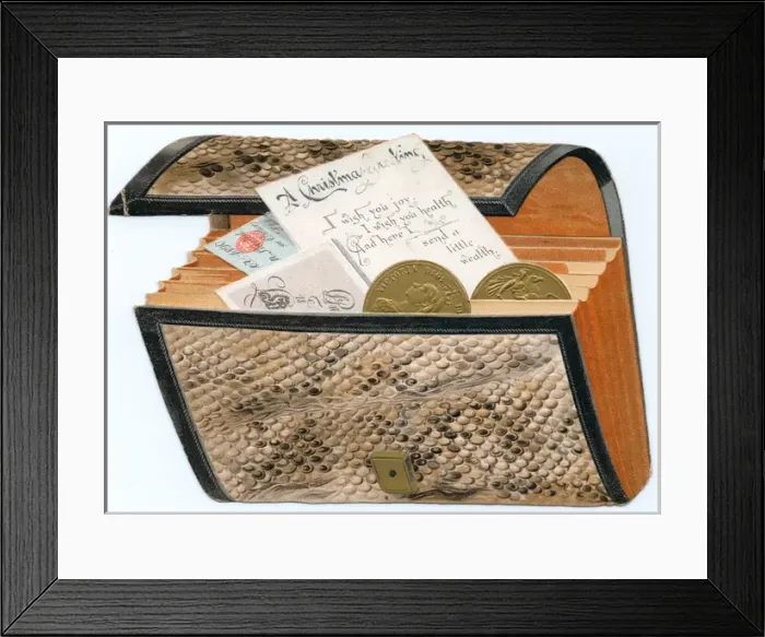 Framed Print : Purse full of money on a cutout Christmas card