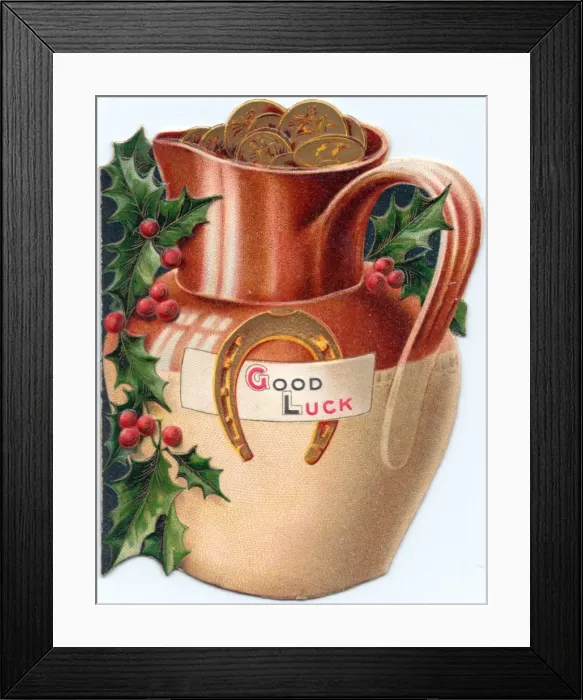 Framed Print : Jug full of money on a Good Luck Christmas card Framed Print : Jug full of money on a Good Luck Christmas card