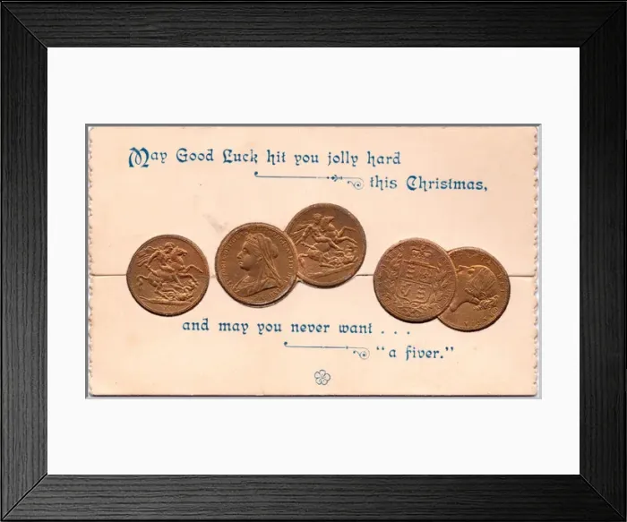 Framed Print : Five sovereigns on a Christmas card Framed Print : Five sovereigns on a Christmas card