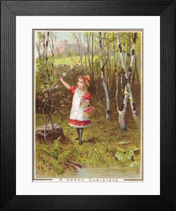 Framed Print : Little girl gathering flowers on a Christmas card Framed Print : Little girl gathering flowers on a Christmas card