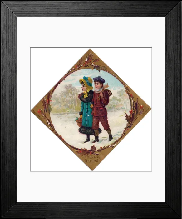 Framed Print : Boy and girl in the snow on a Christmas card Framed Print : Boy and girl in the snow on a Christmas card