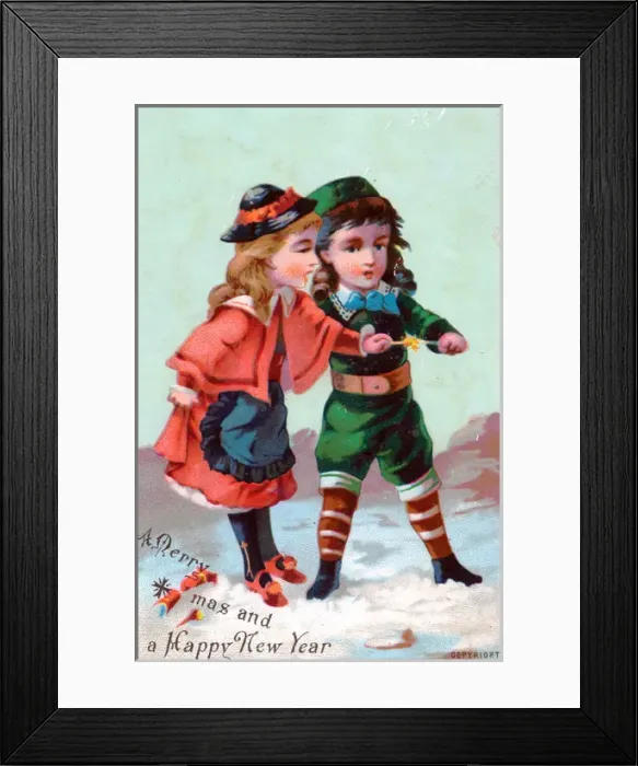 Framed Print : Boy and girl in the snow on a Christmas card Framed Print : Boy and girl in the snow on a Christmas card