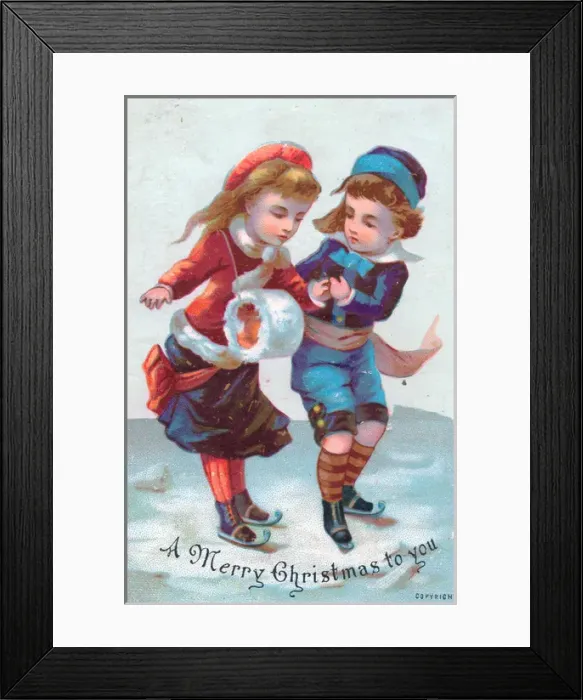 Framed Print : Boy and girl skating on a Christmas card Framed Print : Boy and girl skating on a Christmas card